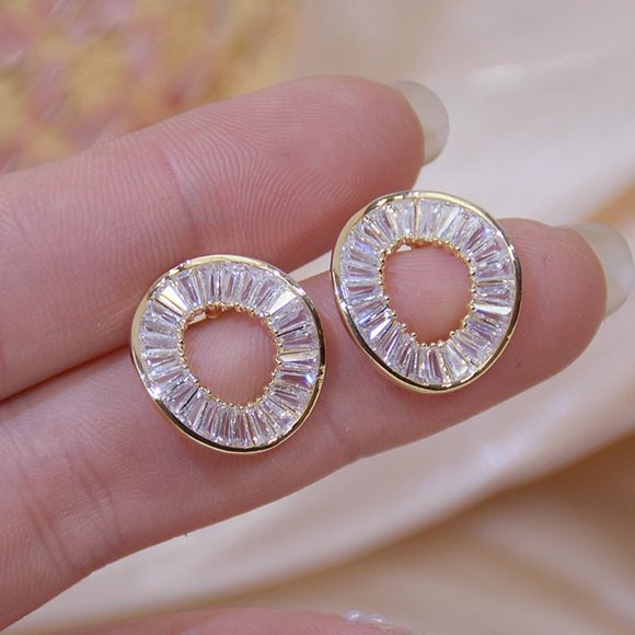 Jewelry - 14k Gold Plated Baguette Diamond Circle Earrings